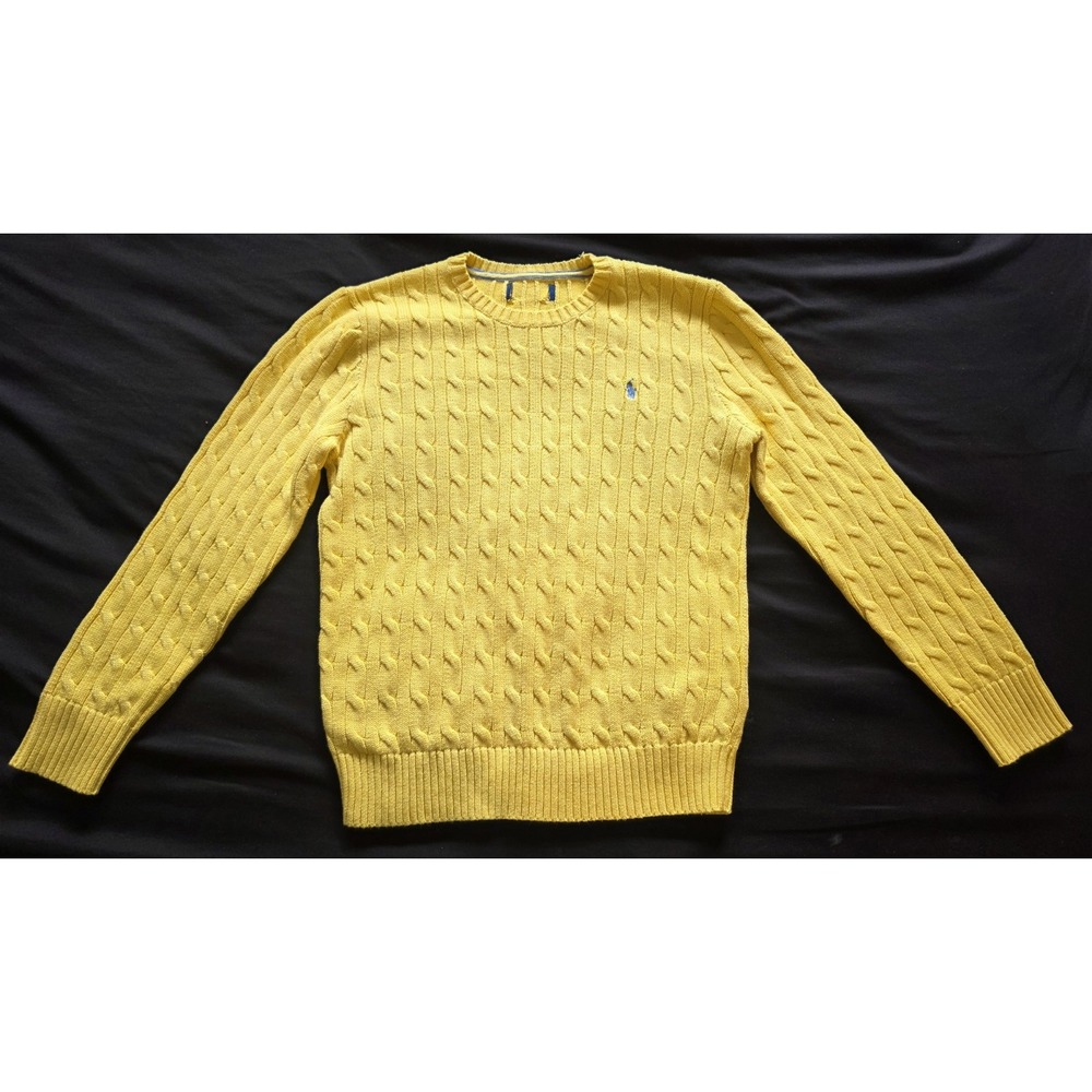 Polo Ralph Lauren Kids M 10-12 Yellow Cable Knit Crewneck Cotton Sweater Pony